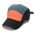 Detail of multi-color camper cap with reflective piping and adjustable webbing strap - Blue Grey and Orange (Style B)