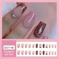 Pink gradient coffin press-on nails with brown glitter and rhinestone accents - Glue Type / DZ277-B5 Gradient Rhinestone