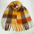 Winter checkered fringe scarf in warm brown, orange, and beige plush fabric tones - 47# (Brown Orange Yellow Beige Spliced Plaid)