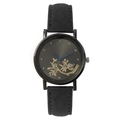 Montre quartz femme avec bracelet daim noir, cadran gris soleil et motifs floraux or - Noir