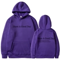 Purple Have A Good Day hoodie in size M featuring front and back slogan print - S / Tops / Purple (Pattern 2)