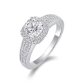 Eleganter silberner S925 Ring mit Moissanit im Kissenschliff und Halo-Fassung Design - US Größe 9 / R13074-6mm Moissanit + 60 Zirkonia / Silber