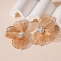 Macro detail of golden hollow flower petal earrings with sparkling teardrop crystal inlay - Stainless Steel Post - Gold