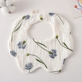 Soft white gauze floral cotton baby bib with blue petals and snap closure - Gauze Flower Wrap - Blue Dandelion