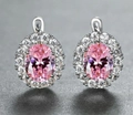 Elegant silver earrings with oval pink gemstone and white diamond halo setting - Platinum Plated Pink Zirconia