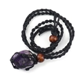 Detail of raw purple crystal pendant wrapped in a black woven mesh cord necklace - Purple Crystal