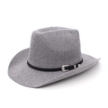 Classic grey straw Panama hat with wide brim and black leather belt buckle detail - M (56-58cm) / Gray