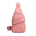 Pink quilted nylon crossbody chest bag for women with gold zippers and earphone port - Style 4 Pink