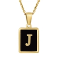 18K gold plated stainless steel necklace with black enamel square pendant letter J - Gold Letter J (With Chain)