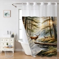 Detail of waffle weave shower curtain featuring a woodland elk and forest digital print - 181x188cm / Realistic Forest Stream Deer Landscape Green