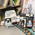 Black white and gray colorblock backpack set with multi-pocket design and cute badges - 2-Piece Set (Backpack + Shoulder Bag) with Accessories / Black