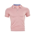 Detail of pink polo shirt collar with red and white contrast stripes and M size label - Pink