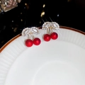 Detailed close-up of cherry earrings with gold leaves and red beads on ceramic tray - 12# Silver Post - Gold - Red