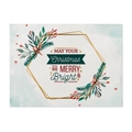 Close-up of linen placemat featuring watercolor pine leaves and Christmas text - Pattern CD090-9