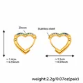 Detail showing dimensions of heart-shaped gold-plated earrings with blue zircon stones - Small Blue Zirconia Earrings
