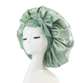 Light green satin sleep cap for hair care with a decorative bow on a white background - Medium Single Layer Ribbon / Grass Green