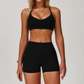 Completo yoga nero a due pezzi con reggiseno sportivo scollo a V e pantaloncini - Taglia S / Top E Pantaloni / Nero premium