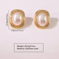 Elegant gold stainless steel oval stud earrings featuring a large white faux pearl center - Radial Texture Artificial Pearl Oval (FYD6132)