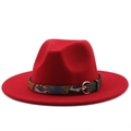 Detail of red fedora hat with snake skin pattern band and golden buckle accessory - L(58-60cm) / Red