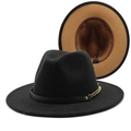 Detail of wool fedora showing black crown, camel lining, and gold chain leather band - Black + Light Coffee