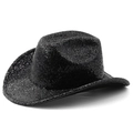 Primo piano dettagliato che mostra le paillettes nere lucide su un cappello da cowboy - M (56-58cm) / Corona Piatta / Nero