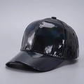 Detail shot of black patent leather baseball cap with glossy holographic finish and sun visor - Curved Brim / Black