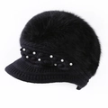 Winter black knit rabbit fur visor hat with elegant pearl embellishments for women - One Size / Black (Square Pearl Style)
