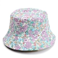 Detailed view of floral bucket hat with purple and orange prints on cotton fabric - Purple Cyan Orange Floral (011#)