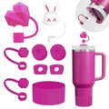 Pink silicone accessory set for tumblers including straw covers and spill stoppers - Pink Heart & Rabbit Set