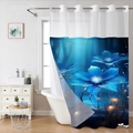 Waterproof digital print bath curtain with glowing blue flowers and metal hooks - Blue Fantasy Floral / 181x188cm Single Shower Curtain