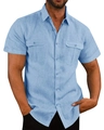 Detail of light blue linen shirt featuring dual chest pockets and textured fabric - M / Tops / Light Blue