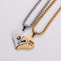 Couples heart pendant necklace set with crystal inlay and engraved I love you message - Steel + Gold (With Chain)
