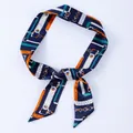 Narrow navy blue silk scarf with orange geometric chain pattern for bag decoration - X33-Multi