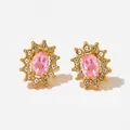 Elegant gold earrings featuring oval pink zircon center stones and diamond-like halos - Golden Oval Pink Stone Style (KDE1124)