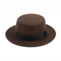 Detail view of brown wool felt boater hat with black ribbon band on white background - S / Coffee