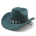 Fashionable teal suede wide brim jazz hat with ethnic leather band and turquoise studs - M (56-59cm) / Peacock Green Suede