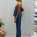 Ensemble bleu deux pièces pour femme avec haut bandeau et pantalon à jambes droites - M / Haut Et Bas / Bleu marine