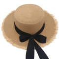 Damen Strohhut im französischen Stil mit schwarzer Schleife und Fransenrand für den Sommer - Erwachsene Einstellbar (56-60cm) / Khaki (Farbe 02)
