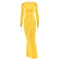 Dettaglio dell'abito aderente giallo con gonna increspata e design a portafoglio su manichino - S / Giallo