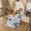 Nordic gray wave cotton linen table runner featuring blue vintage floral patterns - Ink Orchid