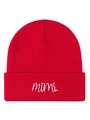 Close-up of a red knitted beanie featuring white Mimi letter embroidery on the cuff - Red