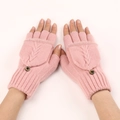 Pink knit convertible fingerless gloves with cable pattern and decorative button - Pink