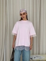 Pink oversized lace patchwork cotton T-shirt for women in a stylish full-body pose - S / Pink