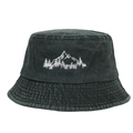 Detailed close-up of mountain forest embroidery on washed cotton bucket hat - Adjustable / Green