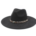 Classic black wide-brim felt fedora hat featuring a woven band with evil eye charm - M (56-59cm) / Black Suede