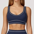 Navy blue sports bra with white contrast double-needle stitching and a U-shaped back - Navy Blue