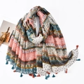 Bohemian floral print shawl with colorful tassels and geometric patterns on white base - 180x85cm / Multicolor Patchwork Pattern (XS009-1#)