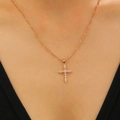 Gold cross pendant necklace with cubic zirconia inlay on elegant Figaro chain for women - Medium KC Gold 4558 (Copper)