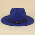 Chapeau fedora bleu roi en laine avec bande en cuir bohème et rivets vintage - M (56-58cm) / Bleu