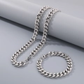 Ensemble collier et bracelet à mailles cubaines en acier inoxydable argenté style hip hop - 11mm / 20cm / Acier